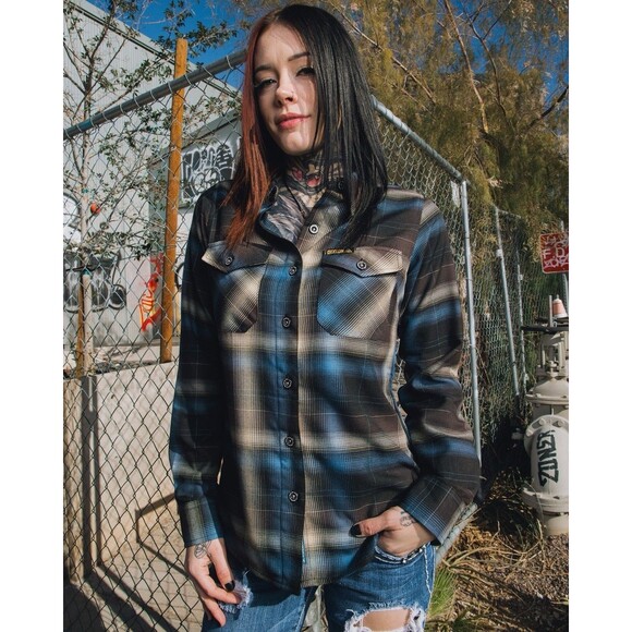 Dixxon Tops - Dixxon Women’s Fit For An Autopsy Flannel Button Up Shirt Blue Brown Gray Medium